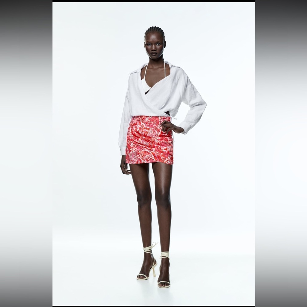 ZARA PATTERNED LINEN BLEND MINI SKIRT